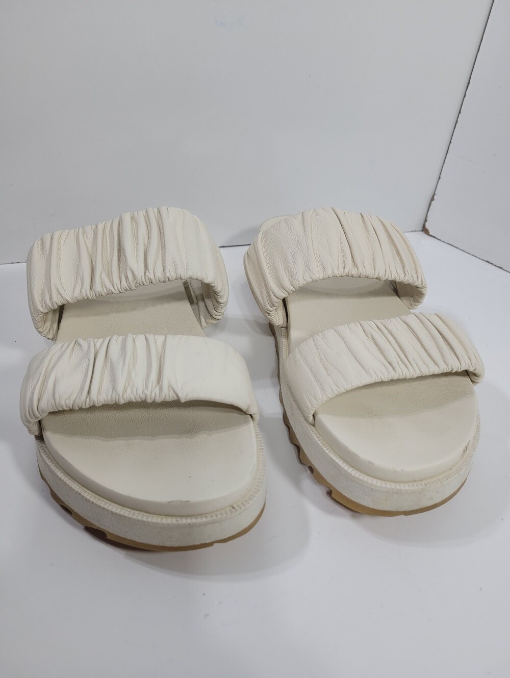 Sorel Roaming 2 Strap Slide Sandals Womens 10 Chalk White Ruched Leather NL4717